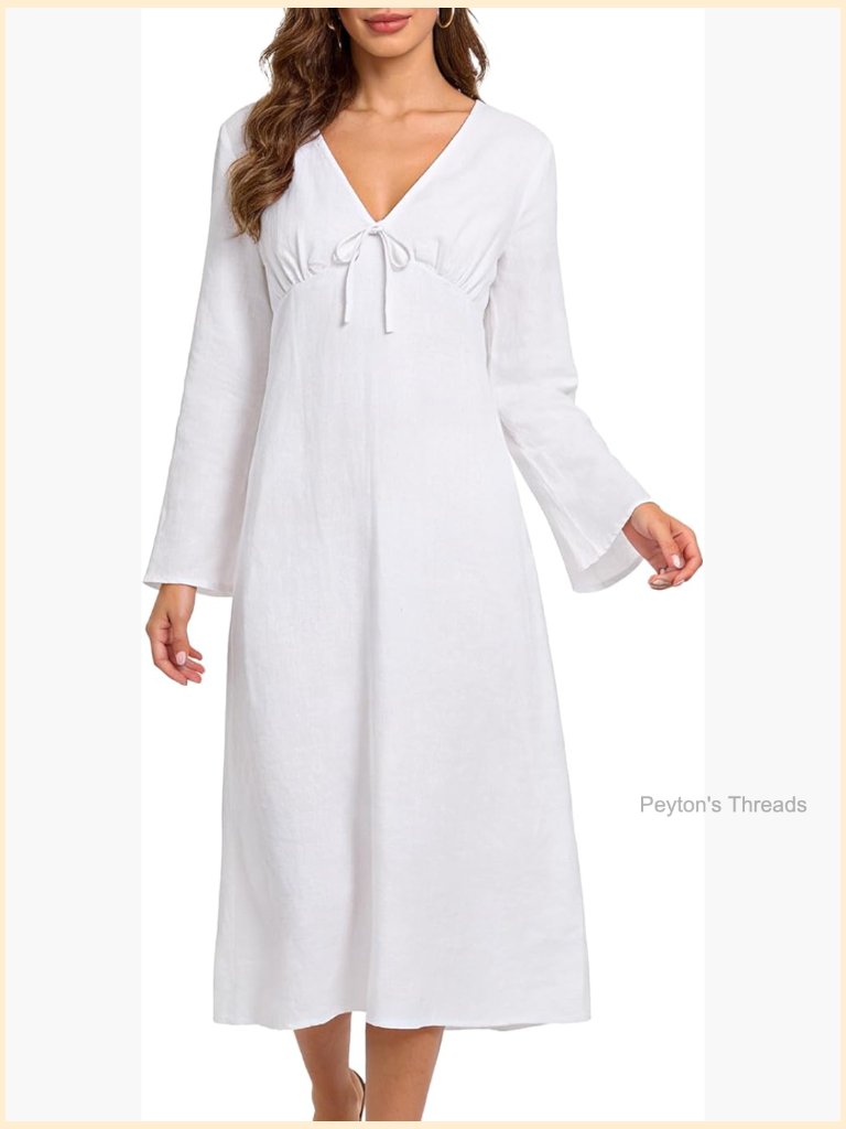 100% Linen Midi Dress With Tie, V Neck, Long Sleeve, A-Line, Relaxed Fit